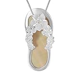 Hawaiian Silver Jewelry Sterling Silver Mother Of Pearl Synthetic CZ Slipper Flip Flop Necklace, 18-Inch