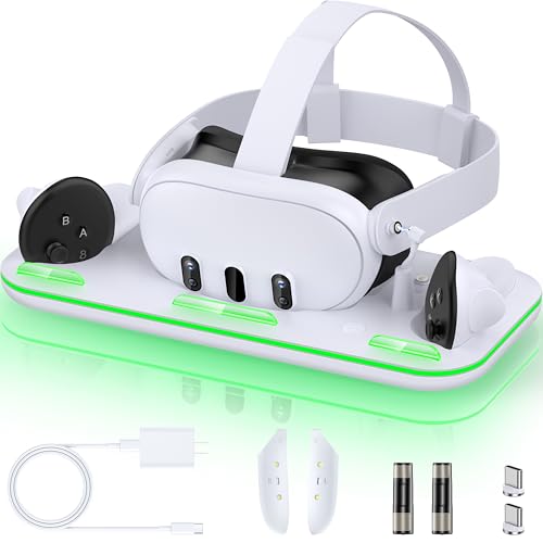 Charging Dock for Meta Quest 3/ 3S, Magnetic Charging Dock, for Quest 3 VR Headset & Controllers, Three Charging Indicators, Charging Stand, with 2 Rechargeable Batteries