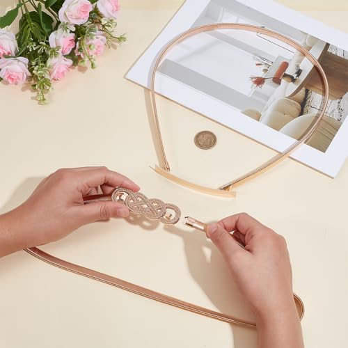OLYCRAFT 2Pcs 2 Styles Skinny Metal CInch Belt Alloy Thin Light Gold Stretch Spring Waist Belt Stretch Elastic Pendant Chain Belts Stretchy Saree CInch Belts for Women's Dress Decoration3