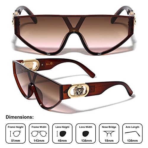Kleo Epic - Flat Top One Piece Shield Round Bottom Side Coin Lion Head Medallion Hip Hop Sunglasses (Brown Crystal) #TOP4