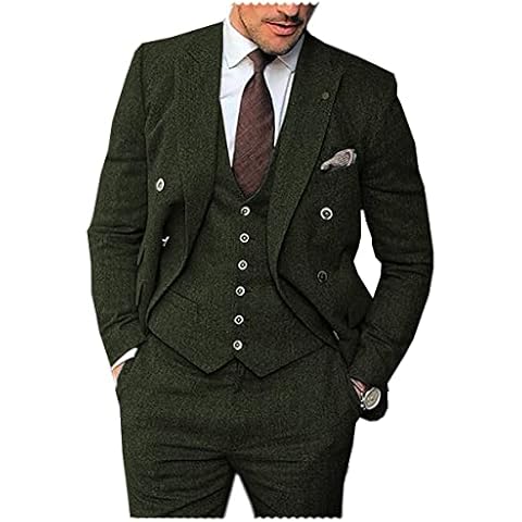 Classic Mens Suit 3 Pieces Tweed Herringbone Vintage Wedding Grooms Tuxedos Blazer Vest Pant(Army Green,44) Cover
