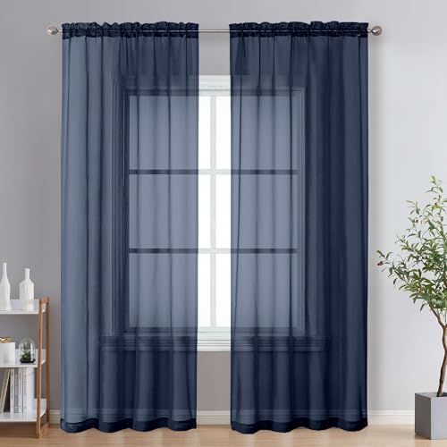 Image of OVZME Navy Blue Sheer Curtains 78 Inches Long 2 Panels - Soft Light Filtering Window Sheer Panels for Living Room /Bedroom, Top Dual Rod Pocket, 1 Pair, Each 42Wx78L Inches