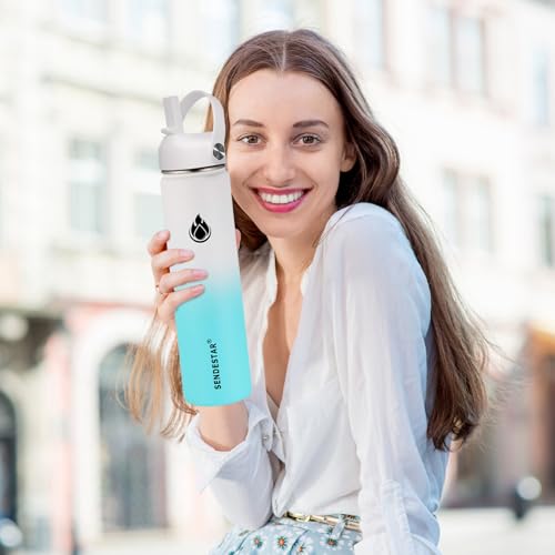 Image of SENDESTAR Water Bottle 40oz Double Wall Vacuum Insulated Leak Proof Stainless Steel Sports Water Bottle-Wide Mouth with New Flex Straw Lid & Spout Lid (White&Tiffany)