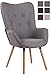 Poltrona Extra Large Salotto Ashford In Stoffa E Legno I Sedia Relax Soggiorno Alto Schienale E Braccioli Design Chesterfield, Colore:grigio, Colore del telaio:natura