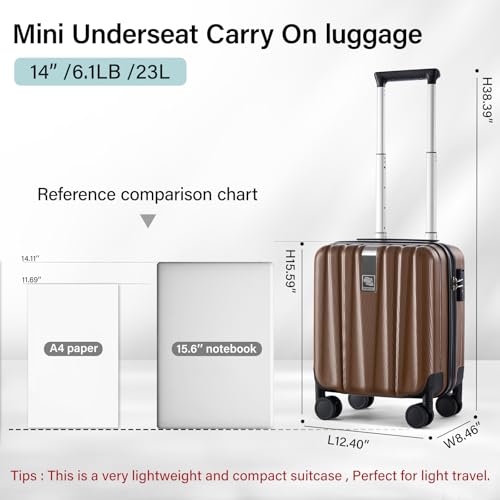Image of Hanke 14 Inch Underseat Carry On Luggage with Wheels Hard Shell Suitcases Lightweight Small Luggage for Weekender Mini Suitcase Carry On Bag Travel Luggage for Travel Rolling Suitcase.(Brown)