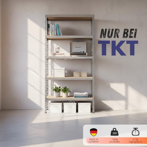 TKT – Work System Steckregal mit Holzböden 180x90x40cm - Verzinktes Regal mit 150kg Tragkraft pro Boden. Schwerlastregal mit 5 Böden für Werkstatt, Wohn- & Kellerraum