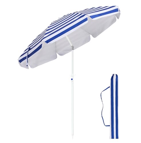 Palawano 1.6M Parasol Plage Inclinable Anti UV et Vent, Parasol de Jardin Exterieur UPF 50+, Ombre Solaire Extérieure Portable pour Jardin, Plage, Piscine, Patio (Bleu et Blanc)