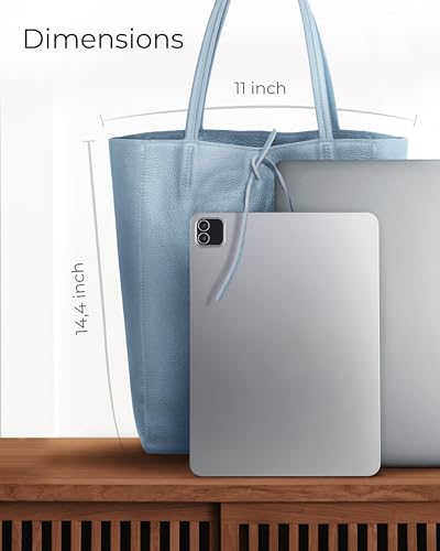 Image of Genuine Italian Leather Tote Bag for Women, Large Slouchy Purse, Denim | Unstructured bag, raw unlined interior with zip pocket, top zipper, side ties, folds flat, fits a 16-inch laptop, lightweight