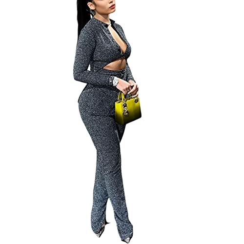 Womens 2 Piece Outfits Hollow Out Casual Lady Business Suits Button Long Sleeve Cardigan Tops,High-Waist Slim Fit Pants Set2