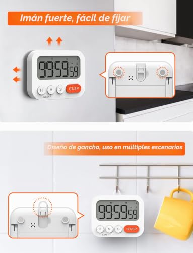 Temporizador de cocina digital LIORQUE de 2 piezas, reloj con imán y volumen regulable 5