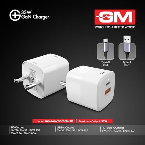 Image of GM G+ 33W Fast Charging Mobile Adapter with GaN Technology | Dual-Port Type A and Type C Adaptor | Travel Charger for Apple iPhones, Smart Watch, Android Phone, and Other Devices
