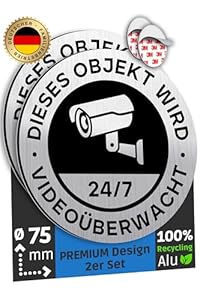 SCHILDERBOXX® 2er Set Achtung Videoüberwachung Schild Klein [Ø75mm, 100% Alu, 3M Tape] - Aufkleber Kameraüberwachung, Grundstück Videoüberwacht, Video Überwachung Privatgrundstück, Kamera Überwacht