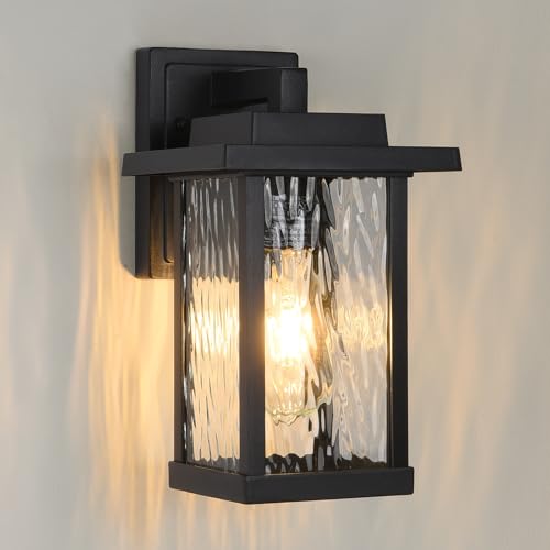 Smeike Outdoor Wall Sconce, Outside Porch Light Fixtures, Wall Mount Anti-Rust Exterior Wall Lights in Wood Grain Finish & Black Finish with Water Ripple Glass for Garage Doorway Entryway by Smeike - Used condition - US$46.07