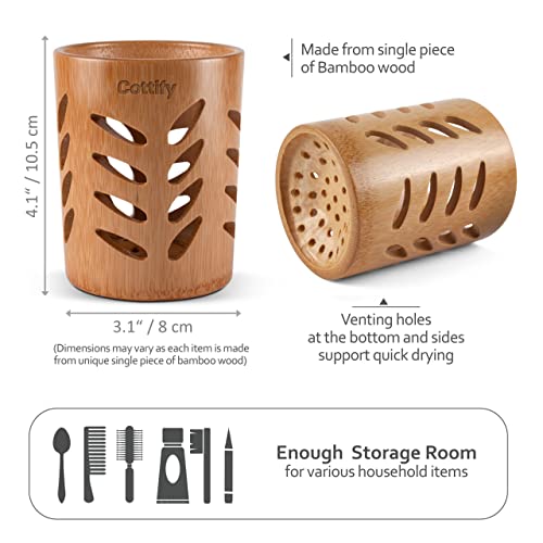 Cottify Bamboo Toothbrush Holder For Bathroom W/ Cork Base, Toothbrush Cup With Drainage, Quick Drying Bathroom Cup Holder, Toothpaste Holder For Bathroom, Wood Toothbrush Holder Drainer, Leaf Glossy #TOP1