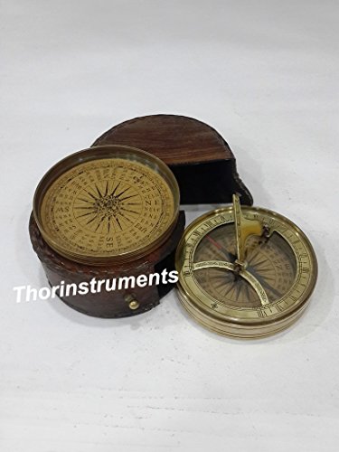 Brújula decorativa de latón antiguo con estuche de cuero rojo miniatura 2