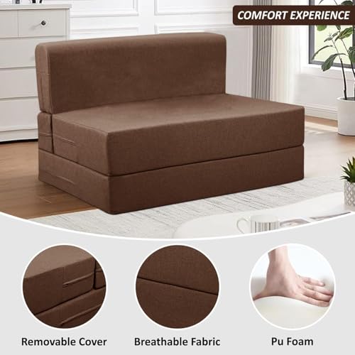 Image of Rosebell-3x6 Feet 1 Seater Foldable Sofa Cum Bed Jute Fabric Sofa Bed with One Cushion | Ideal for Home & Office Guests - Brown