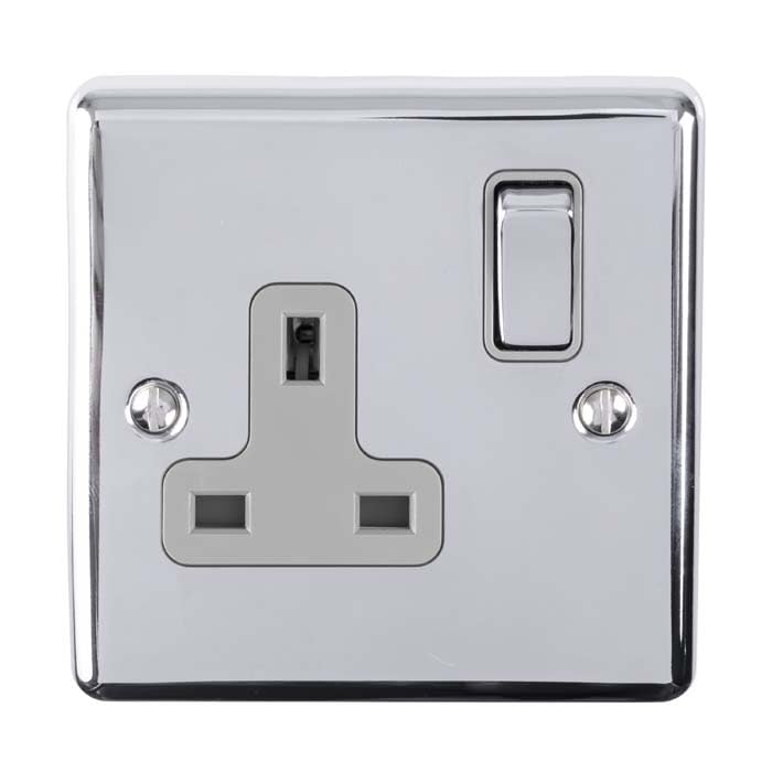 Kooples Hardware Enhance Decorative Socket 1 or 2 Gang Modern Electrical Wall Outlet (Polished Chrome, 1 Gang with Grey Trim)