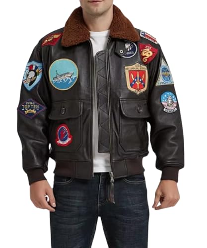 Mens Top Aviator USAAF Pilot Flying Tom Multiple Patches G1 Bomber Jacket Fur Collar Brown Bomber Leather Jacket