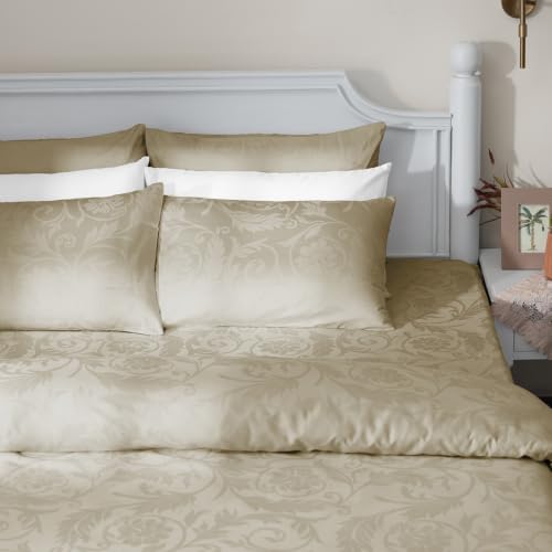 Image of Blue Dahlia 100% Cotton, Queen Size Elastic Fitted Bedsheet (60 inchx78 inch) + 2 Pillow Covers, Fits Upto 10 inch Mattress, 300TC Premium Bedsheet, Bold Floral Jacquard Pattern - Beige