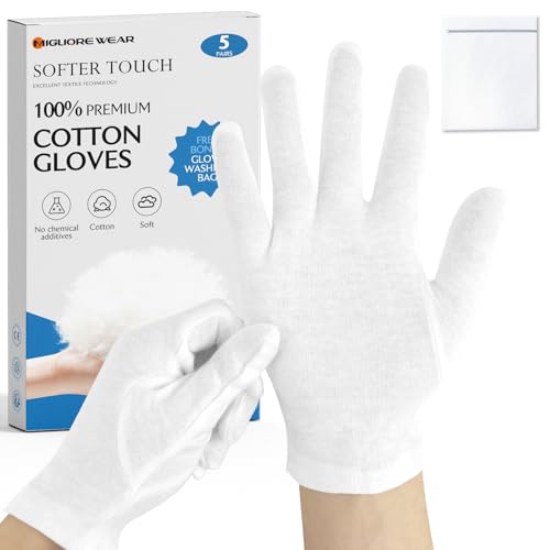 Migliore Wear 5 Pairs White Cotton Gloves for Eczema, Moisturising Gloves for Dry Hands, Washable White Gloves for Adults with 1 Free Wash Bag