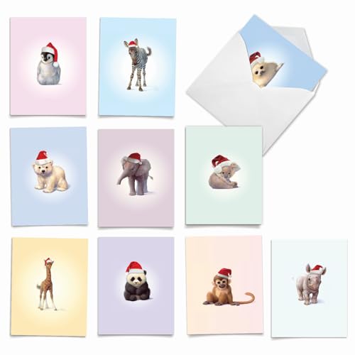 Image of The Best Card Company - 10 Blank Animal Christmas Note Cards - Assorted Bulk Holiday Cards for Men and Women, Fun Wildlife (4 x 5.12 Inch) - Christmas Zoo Babies M6726XSB