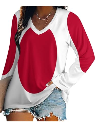 Camiseta De Manga Larga para Mujer, Elegante con Estampado Bandera Japonesa Moderna, Ligera Casual Cómoda Capa Base Camiseta para Mujer Cuello En V, Tallas Grandes Informal Túnica