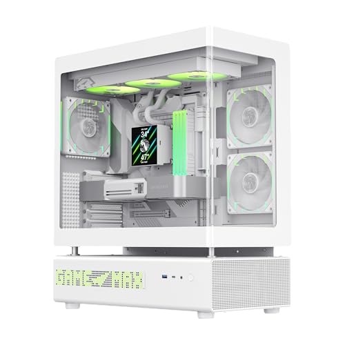 GAMEMAX N90 WH Case PC ATX, Design a Doppia Camera Modulare, Schermo a Matrice 512 LED, Vetro Temperato Curvo 270°, 6 Ventilatori ARGB PWM Preinstallati, Supporto Scheda Madre BTF, Bianco