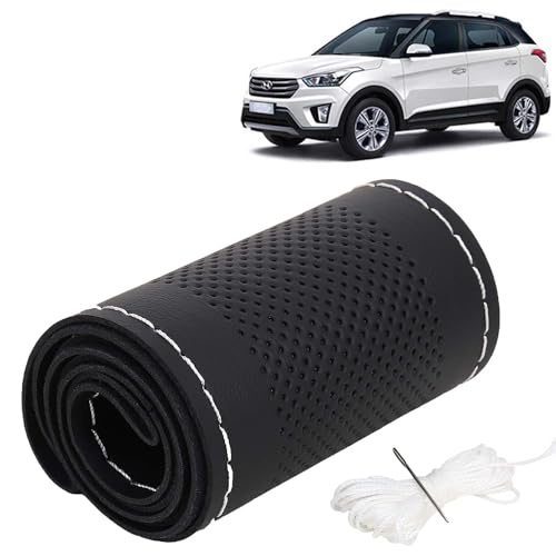 Image of KINGSWAY PU Leatherite Car Steering Cover Sewable Compatible with Hyundai Creta (Year 2015-2017), Black Color with Silver Thread, Pack of 1 with Sewing Needle and Thread