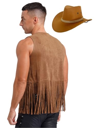 renvena Mens Cowboy Faux Suede Tassel Vest Rivets Fringe Open Front Waistcoat Jacket with Hat2