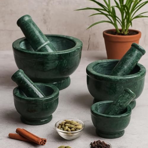 Image of BR AND SONS GREEN Marble Mortar and Pestle Set - 4 Inch Traditional Imam Dasta Kundi Kharal Okhli Khalbatta - Natural Stone Spice Grinder for Kitchen - Indian Masher