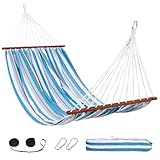 Lazy Daze Hammocks Cotton Fabric Double Hammock with Spreader Bar, Portable Camping Hammock with Carrying Bag & Tree Straps for Bedroom, Patio, Backyard, Balcony, 450lbs Capacity, Blue & White