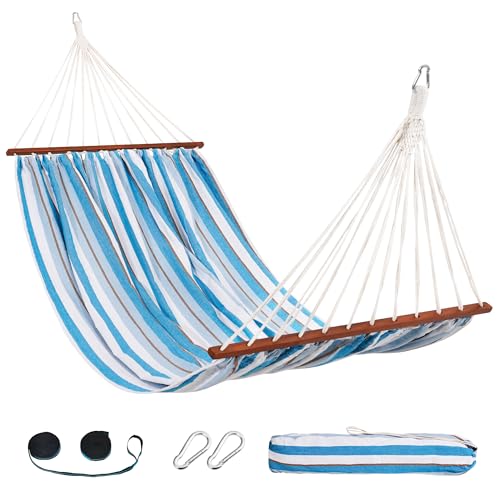 Lazy Daze Hammocks Cotton Fabric Double Hammock with Spreader Bar, Portable Camping Hammock with Carrying Bag & Tree Straps for Bedroom, Patio, Backyard, Balcony, 450lbs Capacity, Blue & Whi