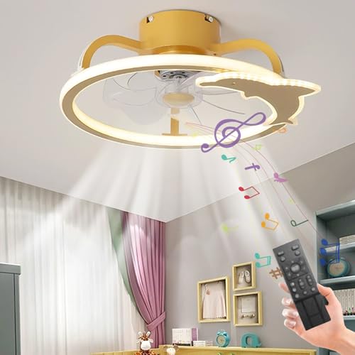 LASANYA Modelado De Delfines Ventilador De Techo Con Luz, Habitación Infantil Lampara De Techo Led Ventilador, Con Altavoz Bluetooth, Moderno LED Silencioso Lampara Ventiladores Techo-Dorado