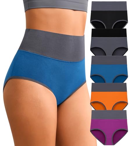 Eiggam High Waisted Underwear for Women Tummy Control Panties Cotton Briefs Full Coverage Breathable Underwear Packs Women