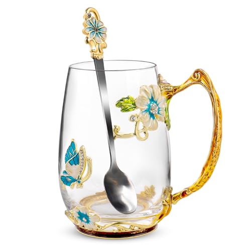 Beferr Mothers Day Glass Cups Gifts for Mom Women Butterfly Coffee Enamels Mug with Spoon Set Mother Birthday Gift for Grandma Her Girlfriend Wife from Daughter Son Cyan Blue