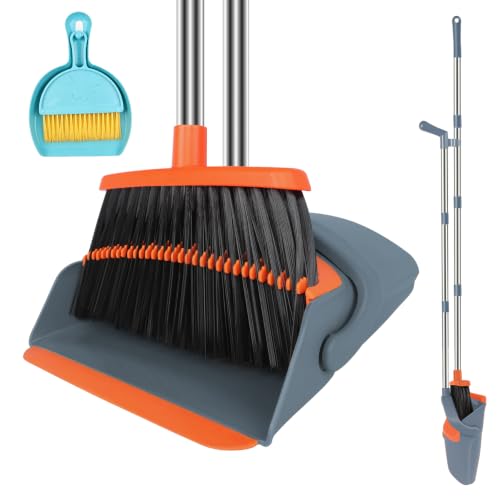 Image of Broom with Dustpan Set & Mini Hand Brush Set, 51 inch Long Handle Upright Cleaning Combo with Self-Cleaning Teeth for Home Kitchen Pet Hair