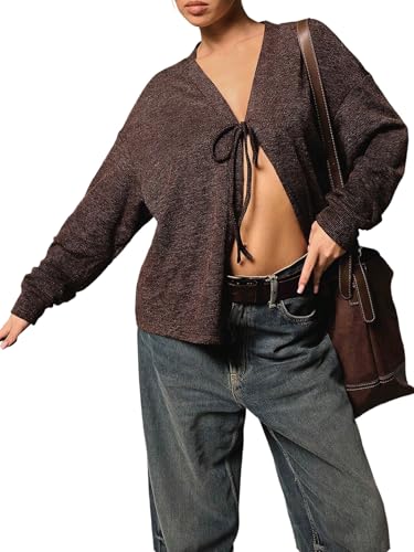 Women's Tie Front Cardigan Long Sleeve Knit Sweaters Tops Casual V Neck Outerwear