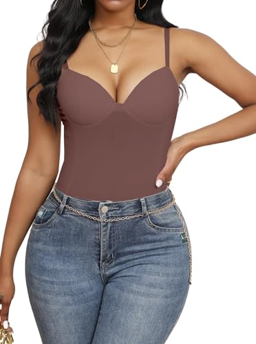 Image of Hilinker Women's V Neck Spaghetti Strap Bodysuit Sexy Sleeveless Camisole Bustier Top
