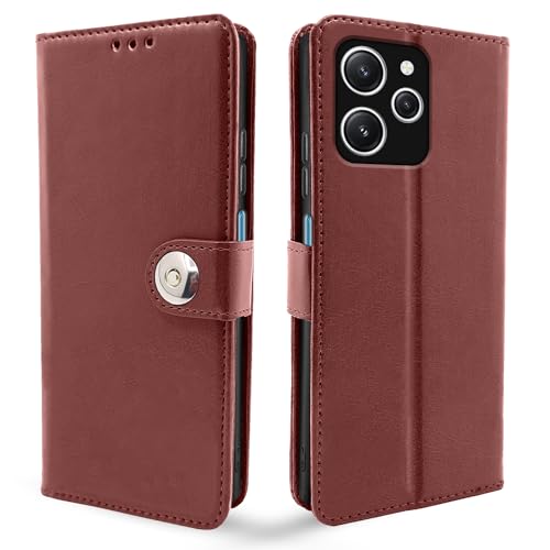 Image of Pikkme Redmi 12 4G Flip Cover Leather Finish | Inside TPU with Card Pockets | Wallet Stand and Shock Proof | Complete Protection Button Flip Case (Brown)