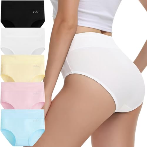 IceReco Slip Donna Cotone Vita Alta Traspirante Pacco da 5 Mutande Donna Cotone Vita Alta Culotte Comode Mutandine Contenitive Elasticizzato Morbide Briefs Mutandine Nero Bianco Giallo Blu Rosa S