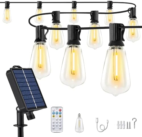 50FT Solar String Lights Outdoor Waterproof with Remote and 26 Shatterproof Edison Bulbs (1 Spare), USB Charging Solar Powered Patio LED Lights String for Outside, Garden, Backyard, Porch (Warm White)