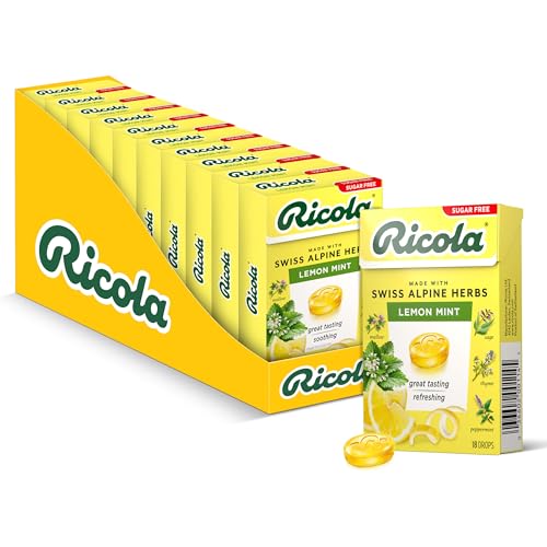 Ricola Box Sugar Free Lemon Mint Travel Sized Voice Refreshment, 18 Drops Per Box (Pack of 10)