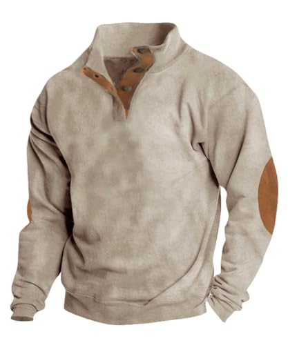 HARGLESMAN Mens Cashmere Sweatshirts Fashion Casual Stand Collar Button Long Sleeve Fleece Pullover Top Shirts with Suede Elbow Patches Jacket Coat Apparel Cloth Khaki 2XL
