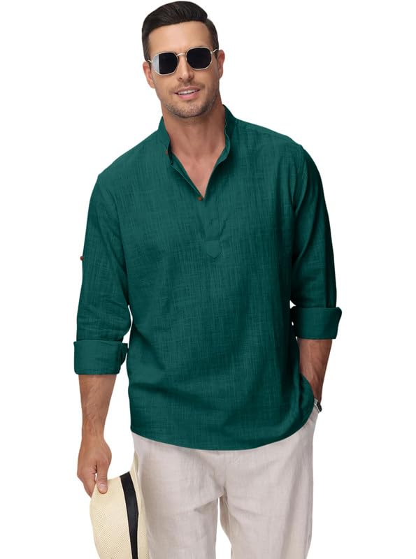 Image of Macsivo Men's Cotton Blend Solid Short Kurta with Regular Lenth Mandarin Collar Short Button Placket Rolled up and Full Sleeves Kurta for Men