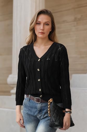 Image of Women's 2025 Crochet Sweater Cardigan 3 /4 Sleeve Lightweight Summer Knit Sweater | Open Front Boho Shrug Top | Beach Cover-Up & Office Wear | Machine Washable 21-Black-XL