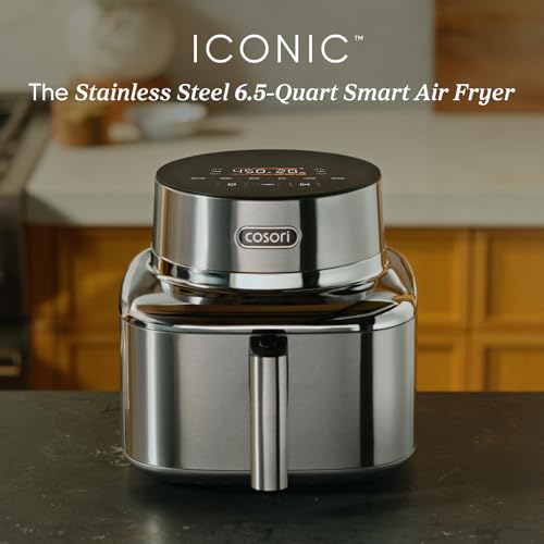 Image of Cosori Iconic Stainless Steel 6.5 Qt Smart Air Fryer, PFAS-Free Ceramic Coating, Max 450F, Consistent Cooking, Air Fry, Roast, Bake, Dry, Proof, Reheat, Dishwasher-Safe Basket, Chef-Crafted Recipes