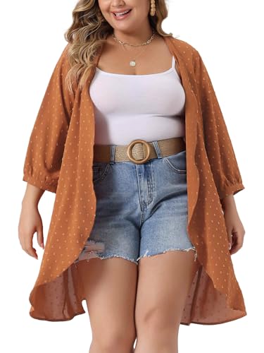 Image of Agnes Orinda Plus Size Cardigan for Women Open Front 3 /4 Sleeve Swiss Dots Lightweight Casual Cover Up