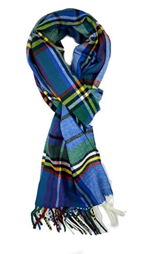 Plum Feathers Plaid Check and Solid Cashmere Feel Winter Scarf (Blue Scottish Plaid)