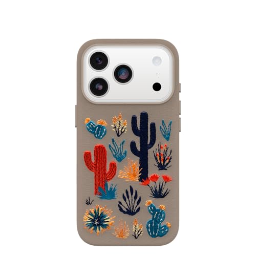 Image of OtterBox iPhone 17 Pro Symmetry Series Cactus Leather Embroidery Case - Cactus Garden - Grey - Textured, Embroidered Cactus Garden Artistic iPhone Case