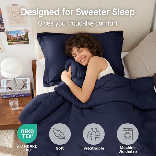 Image of MUXHOMO MUXHOMOTwin /Twin XL Comforter Set, All Season Ultra Soft Down Alternative Bedding - 2 Piece Lightweight Bed Set Includes 1 Comforter (68 inchx88 inch) and 1 Pillow Shams (20 inchx26 inch), Navy Blue
